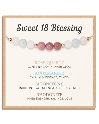 HGDEER Crystal Birthday Blessing Gifts for Girls - Natural Crystal Bracelet with Rose Quartz Aquamarine Moonstone Rhodonite - Adjustable 6mm Gemstone Jewelry with Blessing Card