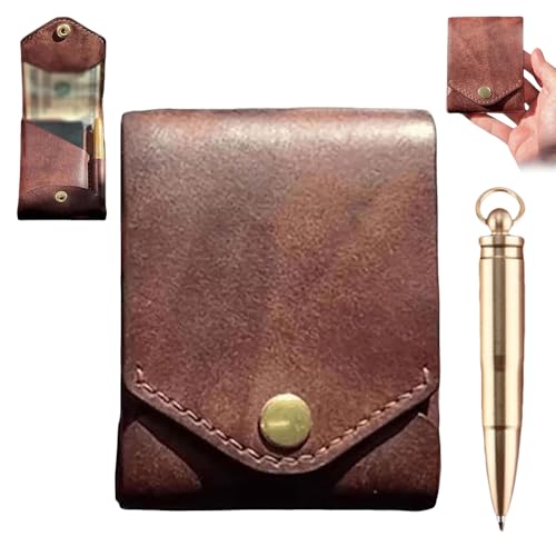 Vintage Handmade PU Leather Wallet for Men, Multifunctional Compact Trifold Wallet with Pen Slot, Slim Card Organizer with Cash Compartment for Daily Carry (1 Pcs, Wallet+pen)