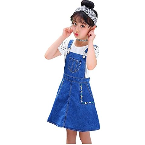 KIDSCOOL SPACE Little Girls Jean Overall Dress,Flower Embroidered Adjustable Denim Dungrees,Blue,10-11 Years Cover