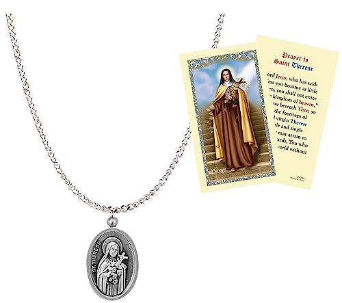 St Therese Of Lisieux Medal-St Therese Medal with 18 Inch Chain and St Therese Lisieux Prayer Card | Fashionable St Teresa Of Lisieux Medal Set for Baptism, Confirmation, First Communion | 2 Items