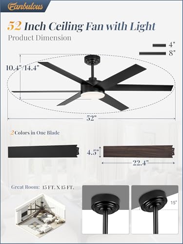 Image of Fanbulous 52 inch Outdoor Ceiling Fans with Lights, Dimmable 3CCT, Black