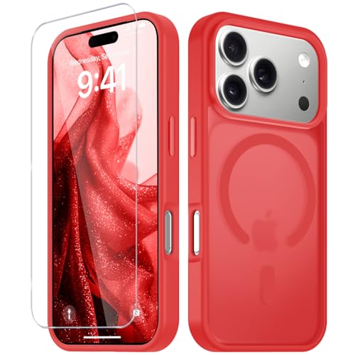 Image of YENAPOON for iPhone 17 Pro Case, Matte Magnetic Phone Cover [with 1 Screen Protector] [Support for MagSafe] [Shockproof Military Grade Protection] Translucent Frosted Back, Red