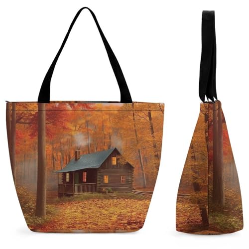 Women Tote Bags with Handles Autumn Woods Cabin Shoulder Bag with Zipper Handbags Shopping Bags Travel Bag Beach Bag Reusable Grocery Bag for Swim Holiday Gift