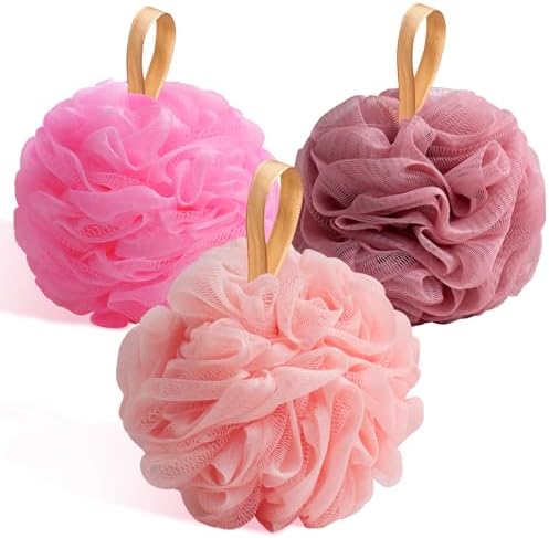 Bath Loofah Sponge, 3 Pack loofahs Exfoliating Body Scrubber, 60g Soft Mesh Pouf Shower Puffs, Loofa for Women (Pink-Peach-Coral)