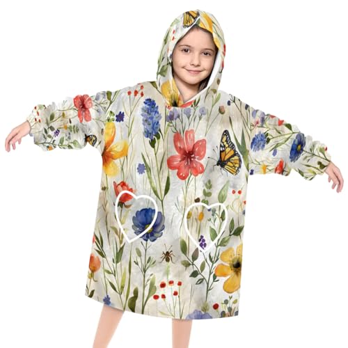 Pardick Wearable Blanket Hoodie for Kids, Bright Flower Fleece Sweatshirt Blanket Oversized Blanket Sweatshirt with Pocket Flannel Warm Hooded Blanket 6-10 Year Old Girl Boy Gift, One Size