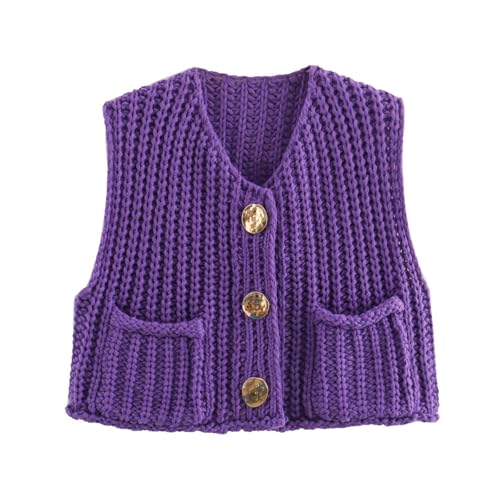 Image of UAURORAO Women Chunky Sweater Vest Button Down Crochet Cable Knit Cardigan Sleeveless Open Front Knitted Crop Waistcoat