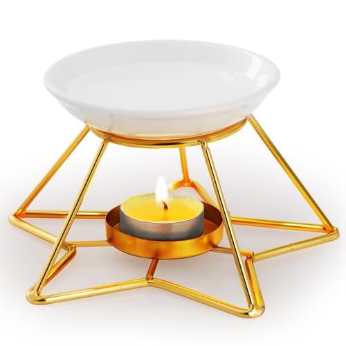 Bighan Quemador de Aceite, Quemador de Cera aromática de Metal con Tazón De Cerámica para SPA Yoga Meditación Casa Sala De Estar Decoración E- Dorado