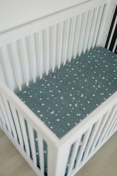 Image of Night Sky Muslin Crib Sheet by Mebie Baby, Soft and Breathable Bed Sheets for Babies, Modern Neutral Bedding for Cribs, Standard Crib Mattress Fitted Sheet, Great for Boy or Girl Room or Nursery