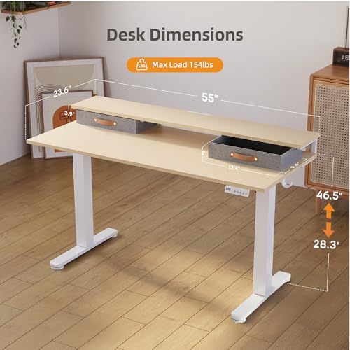 Image of Claiks Electric Standing Desk with 2 Drawers, 55 Inch, Natural