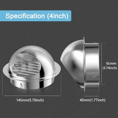 Image of Hon&Guan 4 inch 304 Thick Stainless Steel Air Vent, Sphere Ventilation Grill Cover Hooded Cowl External Extractor Wall Air Outlet