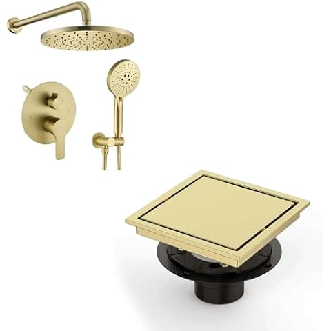 KOJOX Gold Shower Bundle: High-Pressure 3-Setting Handheld System, Valve, & Tile-Insert 304 SS Drain Cover