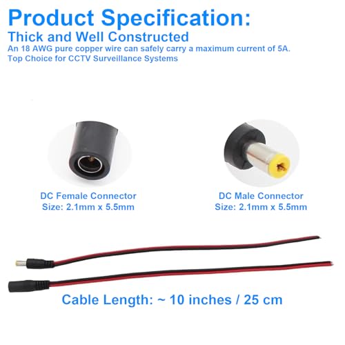 (Real 18AWG) 1 Pairs 12V 5A DC Power Pigtail Barrel Plug Connector Cable, 2.1mm x 5.5mm Male Female DC Pigtail Connectors for CCTV Security Camera and 12V Power Supply Adapter (1 Male+1 Female) - Image 5