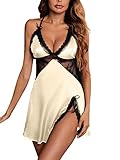 LYANER Women's Satin Lace V Neck Chemise Lingerie Split Slit Babydoll Nightgown Nightdress Sleepwear Champagne Medium