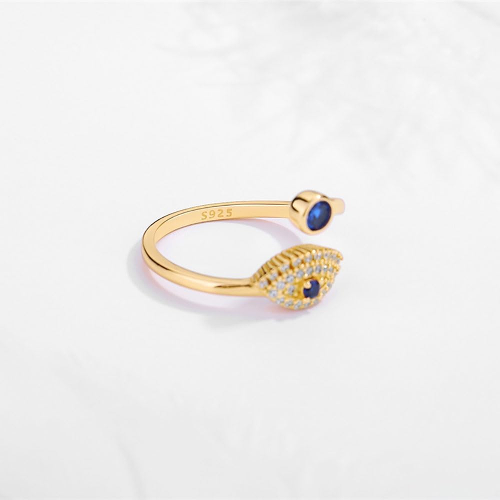 14K Gold Over S925 Sterling Silver Evil Eye Adjustable Ring,Dainty Devil's Eye Rings Embellished with Moissanite and Sapphire,Fashionable Lucky Jewelry for Women - Image 5
