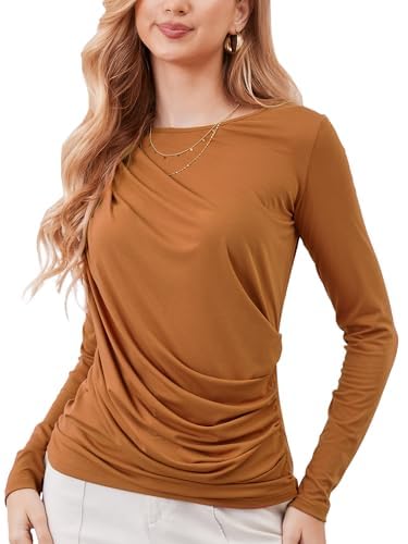 M.Infisavo Women Ruched Blouse Crew Neck Long Sleeve Casual Top Pumpkin