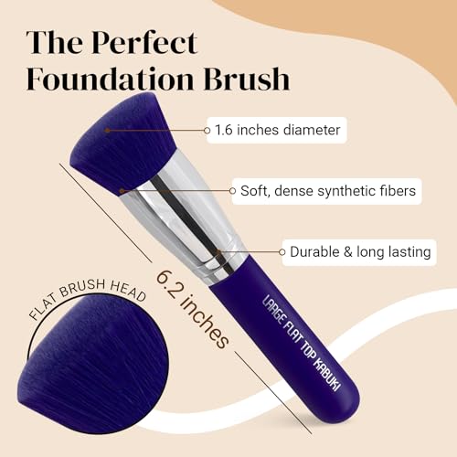 Image of Keshima Large Flat Top Kabuki Foundation Brush - Neon Purple Premium Makeup Brush for Liquid, Cream, and Powder - Buffing, Blending, and Face - 1.6 inch Top Diameter