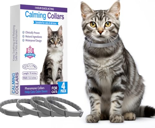Image of Calming Collar for Cats 4 Pack, Pheromone Infused Collar, Natural Ingredients for Anxiety and Stress Relief, Relieves Stress and Adjustable for Small Medium Cats (Gray)