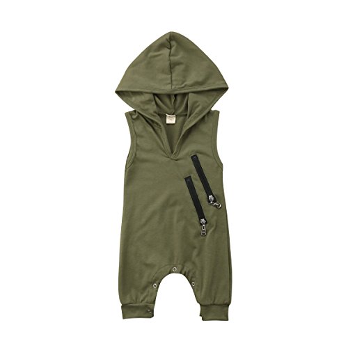 EYIIYE Newborn Infant Baby Boy Romper Outfit Sleeveless Hooded Zipper Jumpsuit Clothes 0-24M (Green, 6-12m)