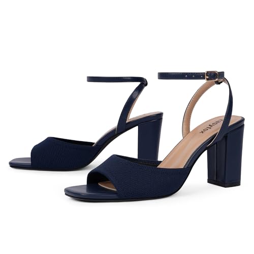 Image of Easyfox Open Toe Chunky Heel Sandals for Women Ankle Strap 3 Inch High Heels Dress Wedding Block Shoes