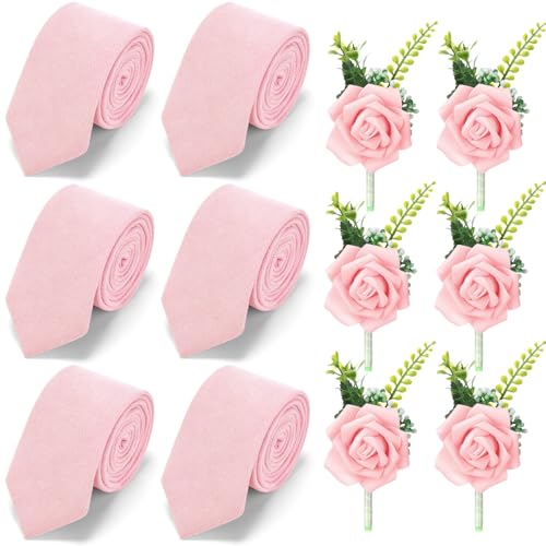 Toulite 12 Pcs Groom Ties and Boutonnieres for Men Wedding, 6 Ties and 6 Boutonniere for Men Groom Groomsmen Wedding Prom (Pink)