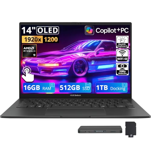 Image of ASUS Zenbook 14 14 inch 2K OLED Touchscreen Laptop, AMD Ryzen AI 9 465, 16GB LPDDR5X, 1.5TB Storage(512GB SSD+1TB Docking Station), AMD Radeon Graphics, Copilot+ PC, Backlit Keyboard, Win 11, Jasper Gray