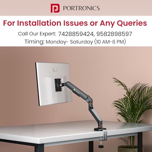 Image of Portronics Aerolift Solo Gas Spring Monitor Arm, Desk Mount for 13-32 Inch Screens, VESA 75x75 & 100x100 mm, Full Motion Tilt /Swivel /Rotation, C-Clamp & Grommet Installation, Aluminium Build