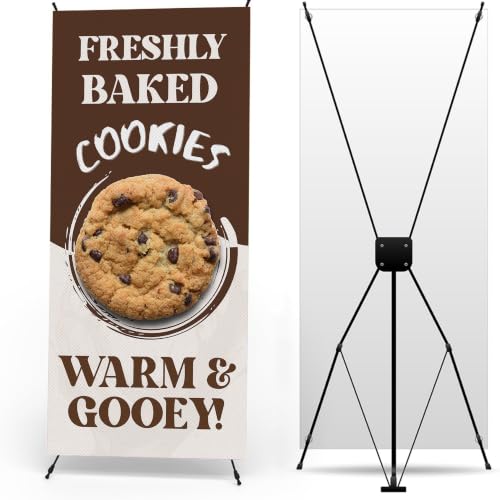 DreamController Food X-Stand Banner by DC | 30"x65" Adjustable Tripod Display | Freshly Baked Cookies Warm Gooey Vertical Banner for Trade Shows & Events | Cross Stand Included | Made in USA