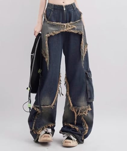 xxxiticat Women's Denim Jeans High Waisted Casual Zipper Closure Five Pointed Star Embroidery Wide Leg Baggy Trouser Pants3