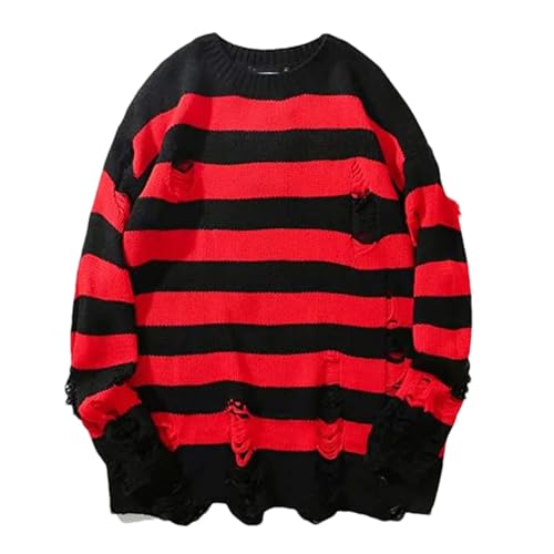 Mens Striped Pullover Sweaters Fashion Long Sleeve O-Neck Loose Hollow Out Hole Broken Knit Sweater