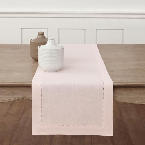 Solino Home Linen Pink Table Runner 36 Inches - Classic Hemstitch, 100% Pure Linen Coffee Table Runner 14 x 36 Inch Ideal for Dresser Tables - Summer