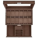 SONGMICS Porta Orologi a 12 Posti, Scatola Portaorologi a 2 Livelli, Coperchio in Vetro, Chiusura, Cassetto, Idea Regalo, Superficie in PU Marrone, Interno Marrone JWB012K01