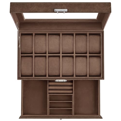 SONGMICS Caja de Reloj, Estuche de Reloj con Tapa de Cristal de 2 Niveles para 12 Relojes, Cerradura, 1 Cajón, para Anillos Pulseras, Regalo Ideal, Cuero Sintético Marrón, Forro Marrón JWB012K01