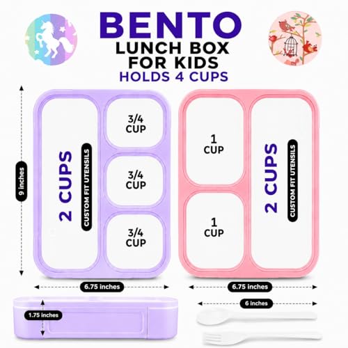 Image of kinsho Bento Box Lunch Boxes for Kids Girls, Meal and Snack Containers for Toddler Daycare, School Travel, Loncheras Para Ninas, Utensils Included (Purple Rainbow Unicorn + Pink Flowers, 2 Pack Set)