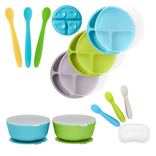 WeeSprout - 3 Soft Spoons, 3 Self Feeding Spoons, 2 Suction Bowls & 3 Divided Plates - Ultimate Baby Feeding Bundle for 6+ Months - Dishwasher Safe Set - Travel-Friendly with Lids & Case