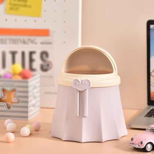 Image of Mini Desktop Trash Bin Small Trash Can with Lid, Countertop Wastebasket, Pink Chaise Desktop Trash Can Cute and Elegant Plastic Storage Bucket
