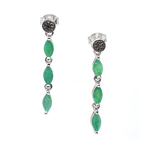 De Buman Sterling Silver Genuine Emerald and Black Diamond Earrings