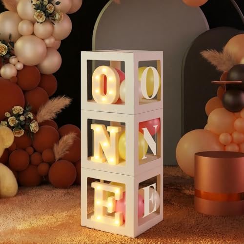 Resholder One Balloon Boxes with O N E Light up Letters Three White Transparent Square Boxes for First Birthday Party Decorarions One Year Old Backdrop Photo Shoot Prop