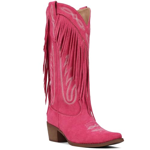 Image of Cowgirl Boots Women Retro Pull On Block Chunky Suede Fringe Cowboy Boots | Pointed Toe,Concert Outfits Knee High Western Boot, Country Boots,Tall Boot for ladies Party concert