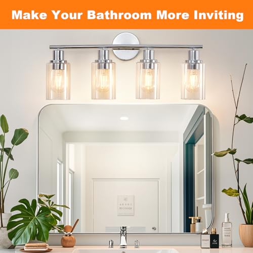 Image of DLLT 4-Light Bathroom Light Fixtures: Chrome Modern Vanity Lights with 4 E26 Bulbs - Clear Glass Shade Bathroom Wall Lamp for Mirror Kitchen Living Room Hallway Cabinet Porch