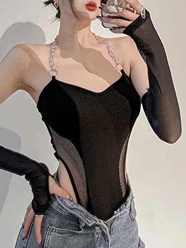 AYJMA Streetwear Chain Black Fishnet Skinny Sexy Bodysuit Summer Backless Female Body Club Party,Black,S