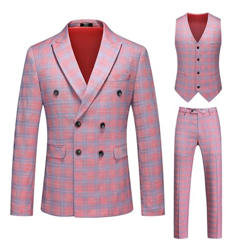 Men's Suits, 3 Piece Temperament Pink Plaid Double Breasted Tuxedo Suit, for Business Casual Wedding Banquets Party Suit
