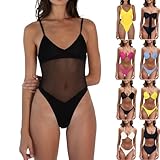 Generic Teddy Mesh Tan Through Swimsuit for Women, Tummy Control, Sexy One Piece, Large, A-black