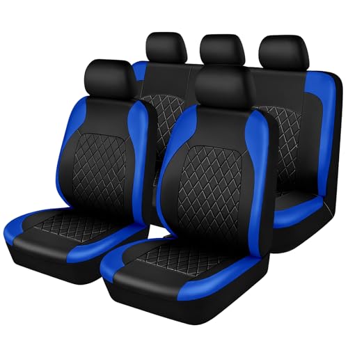 VBGURR 9 Stück Leder Autositzbezüge Sets,Wasserdichtes Sitzbezüge Auto Komplettset,Wasserdicht Vordersitze Rücksitzschoner mit Seitenairbags,AutoVordersitzbezug und Kopfstützenbezug (Blau)