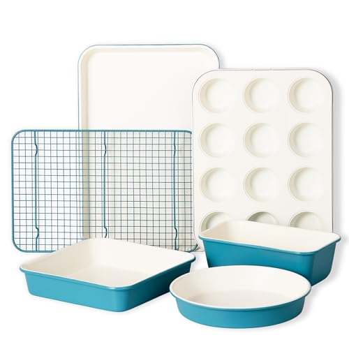 Image of CAROTE 6-Piece Ceramic Baking Pans Set, Aluminized Steel Bakeware Sets, Toxin-Free Nonstick Stackable Oven Pans with Cookie Sheet, Muffin Pan, Loaf Pan, Round & Square Cake Pan, Cooling Rack