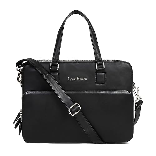 LOUIS STITCH Maletín ejecutivo multifuncional de cuero italiano para hombre, con correa para el hombro, trabajo, oficina, viajes, negocios (LB-FSC), Grandeur Black, Medium