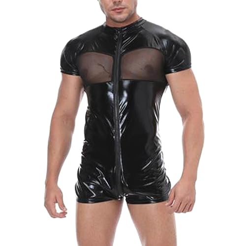 Men's Mesh Leather Bodysuit One Piece Zip Skinny Sexy Lingerie Leotard Sheer Jumpsuit Cosplay Uniform Clubwear2