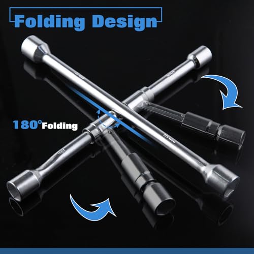 Image of 14 Inch Universal Folding Lug Wrench 4 Way Lug Wrench with Bag 4-Way Tire Cross Wrench Foldable Sliding Wheel Lug Nut Wrench for Cars, Trucks, SUVs and RVs, Socket Sizes 11 /16 inch-9 /10 inch(17-23mm