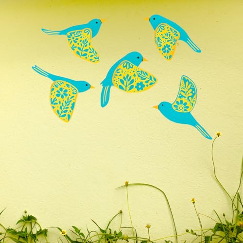 Image of GiftOday Wooden 3D 5 Pieces Birds for Wall Art Panel | Wood Bird Folk Art Wall Hanging Art Decoration Item for Living Room, Bedroom, Drawing Room, Dining Room & Office (Aqua) Pack of 1