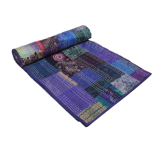 Image of Silk Hand Made Design Kantha Quilt Blanket, Bed Cover, Bedspread (Size 90 inch X 108 inch) - Multicolour