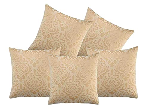 Image of Burnt Emboss Velvet Cushion Covers | Beige Golden | 18 x 18 Inch (45x45 cm) | Set of 5